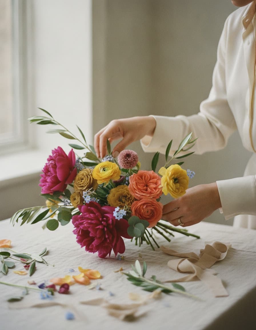 Hands arranging a signature bouquet