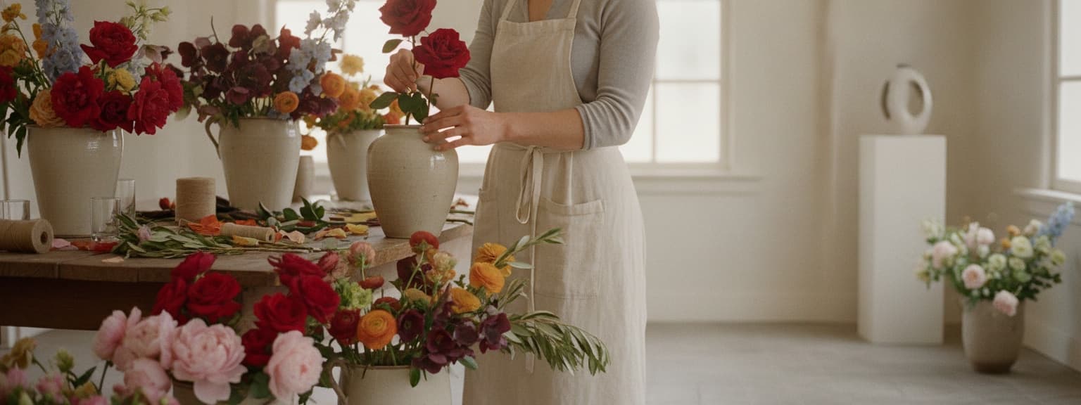 Florist composing an arrangement